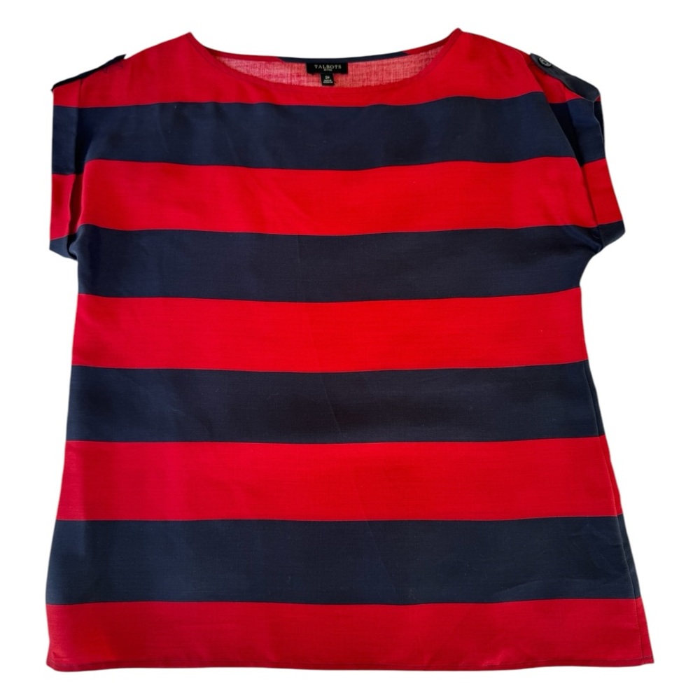 NWOT Talbots Petite Red and Blue Nautical Stripe Short Sleeve Blouse Wom…